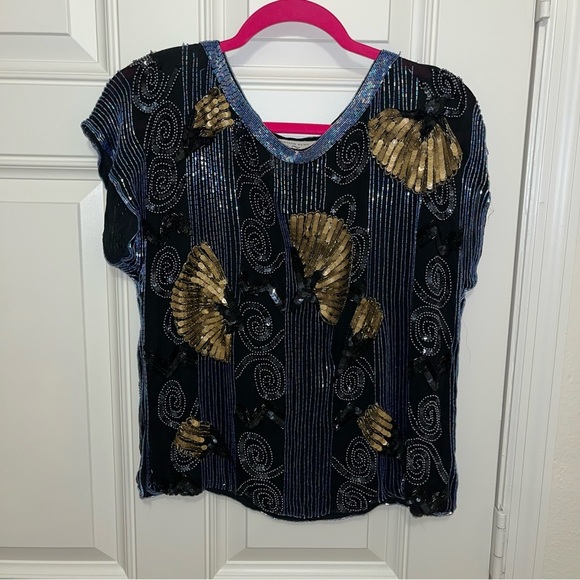 NORMAN BERG beaded sequins evening top shirt vintage retro medium M - Picture 5 of 8